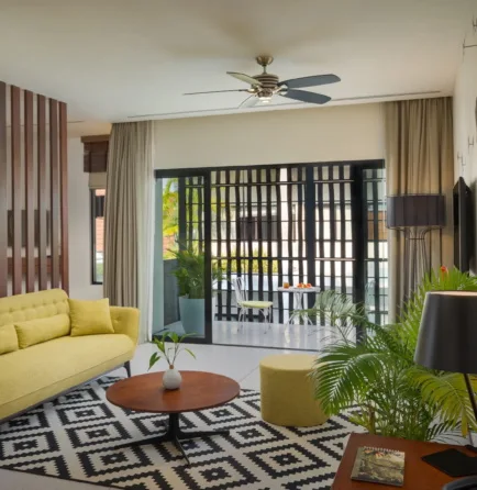 Sarus Crane Suite living room and balcony